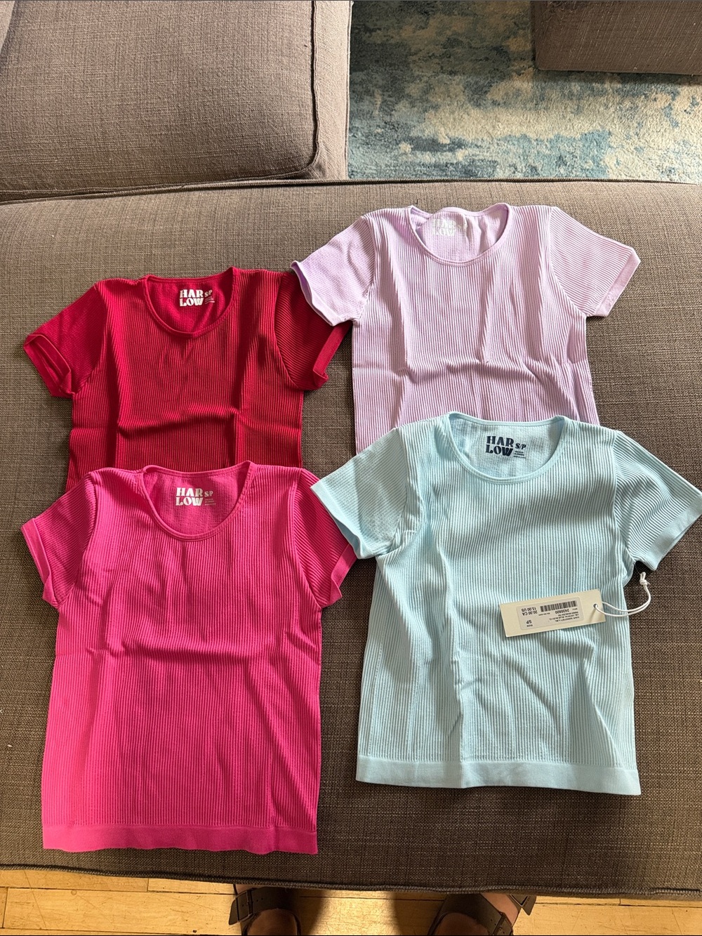 Harlow Kids Short-Sleeve Ribbed Tees — Red, Hot Pink, Light Pink, Light Blue